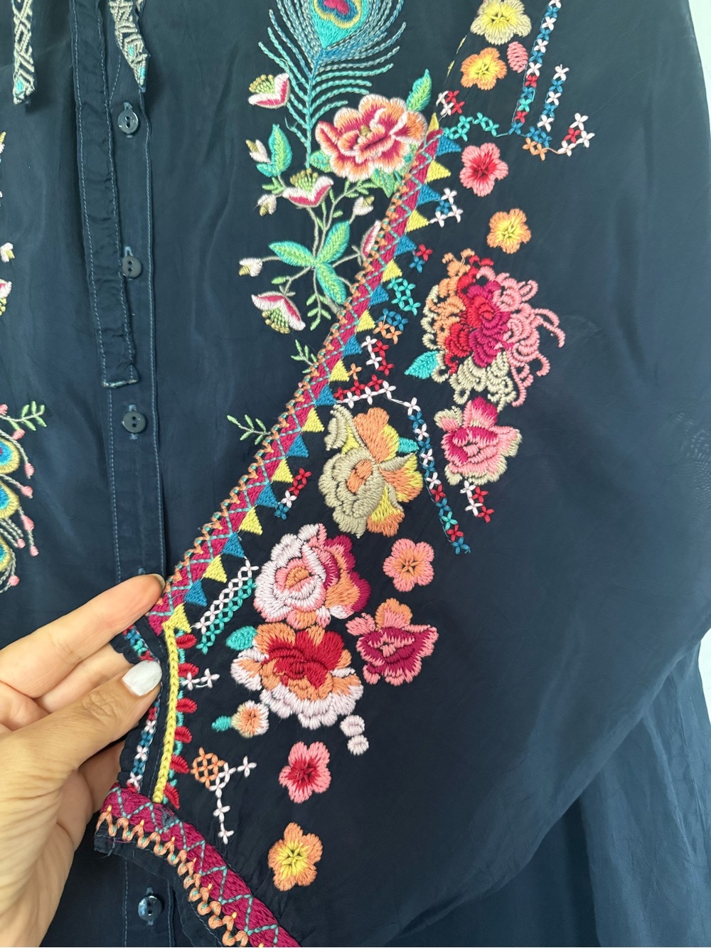 Johnny Was Navy Embroidered Floral & Peacock Blouse - Picture 6 of 7